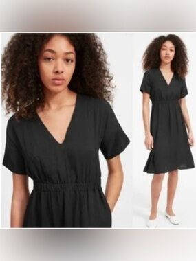 Everlane Japanese GoWeave V-Neck Midi Dress Black Quiet Luxury Minimalist Sz 12